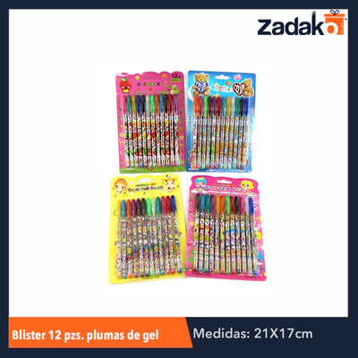 ZP-0176 BLISTER 12 COLORES PLUMA DE GEL, CON 1 PZ O CAJA CON 160 PZS