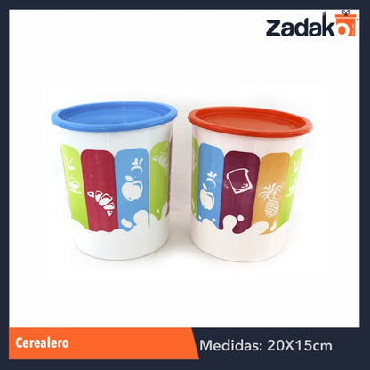 ENVASE CEREALERO DE 1.8 LTS. BLANCO DECORADO, CON 1 PZ O CAJA CON 64 PZS