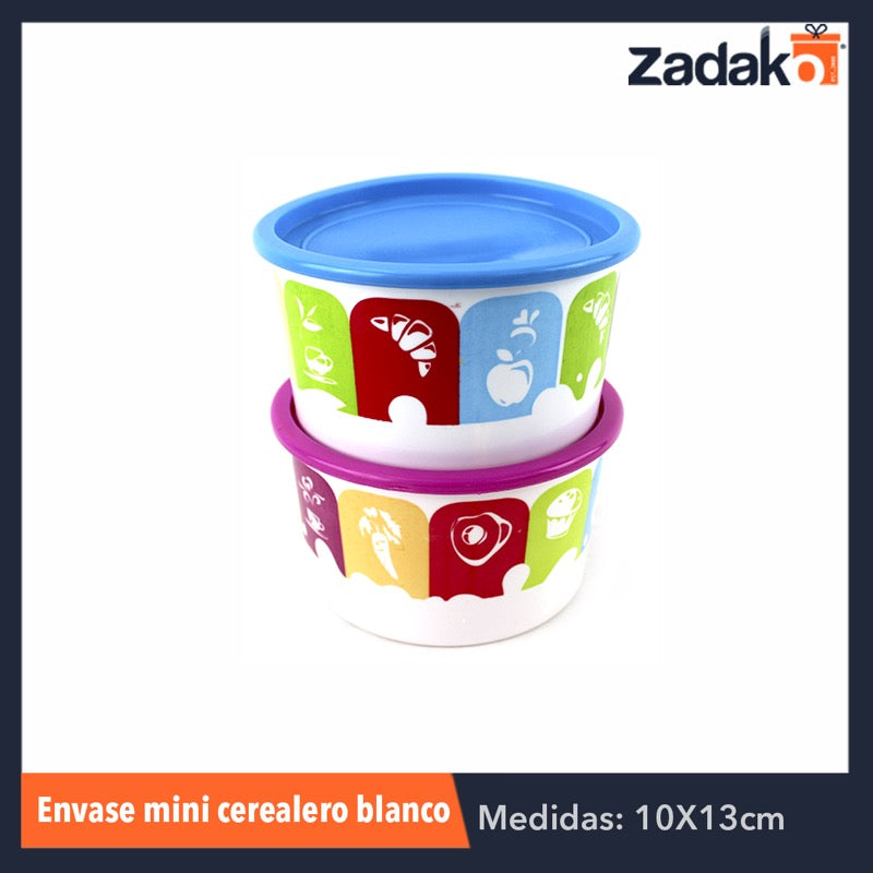ENVASE MINI CEREALERO DE 900 ML. BLANCO DECORADO, CON 1 PZ O CAJA CON 144 PZS