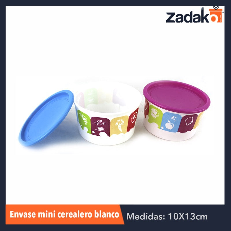 ENVASE MINI CEREALERO DE 900 ML. BLANCO DECORADO, CON 1 PZ O CAJA CON 144 PZS