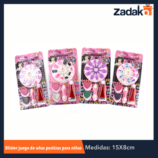 ZB-0121 BLISTER JUEGO DE UÑAS POSTIZAS P/NIÑA,, CON 1 PZ O CAJA CON 864 PZS