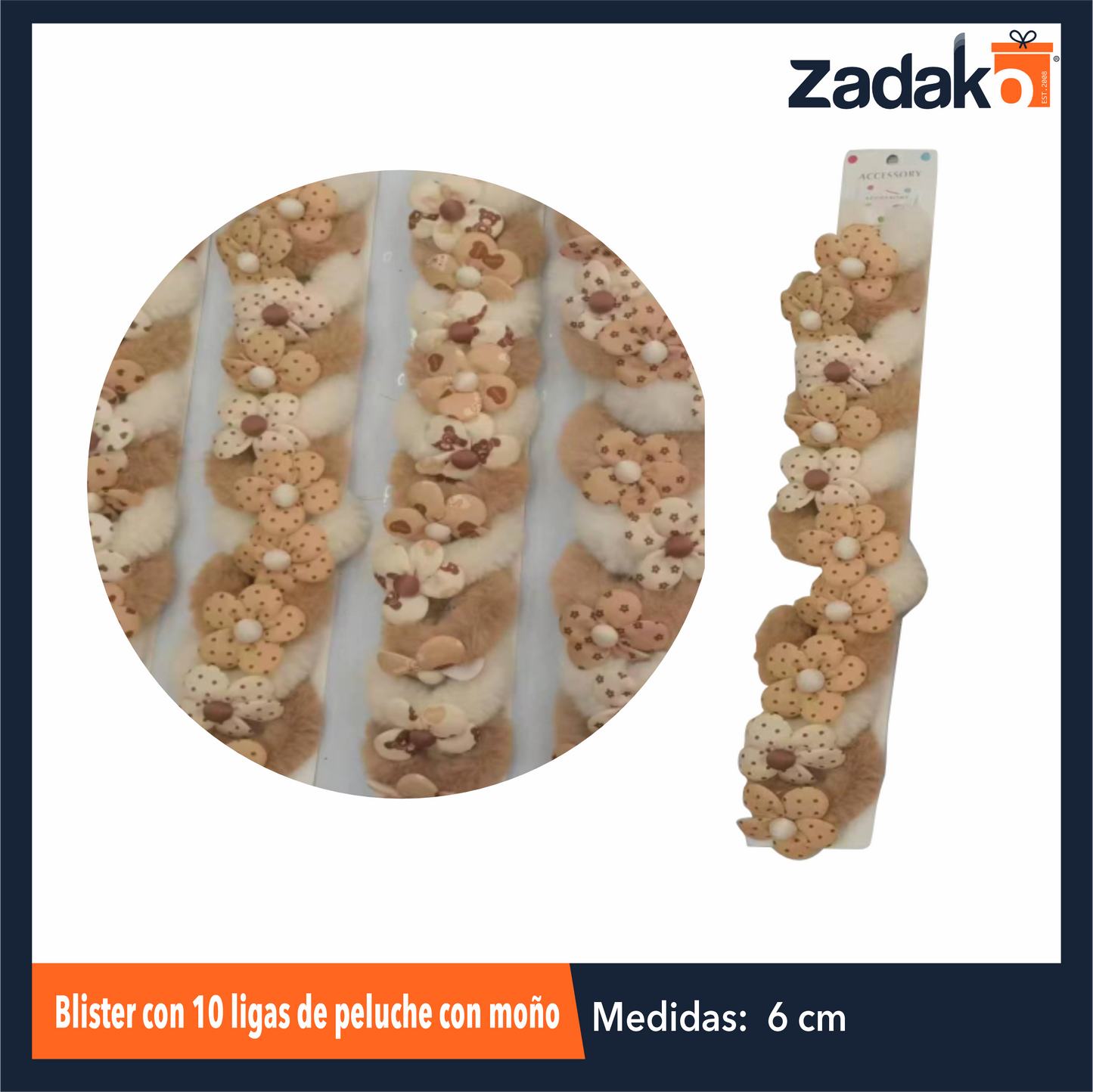 ZB-0388 BLISTER CON 10  LIGAS  DE PELUCHE CON MOÑO  CON 1 PZ O CAJA CON 150 PZS