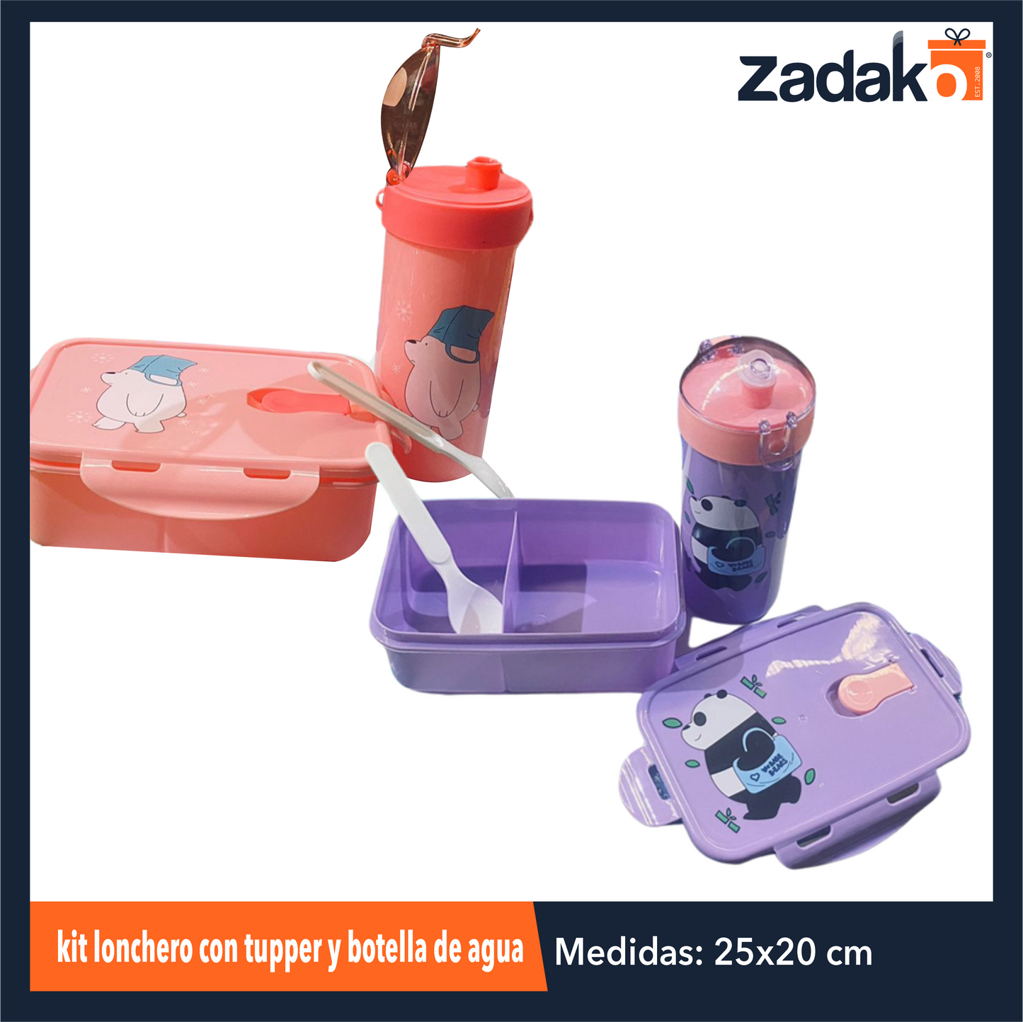 ZC-0538 KIT LONCHERO CON TUPPER Y BOTELLA DE AGUA CON 1 PZ O CAJA CON 96 PZS