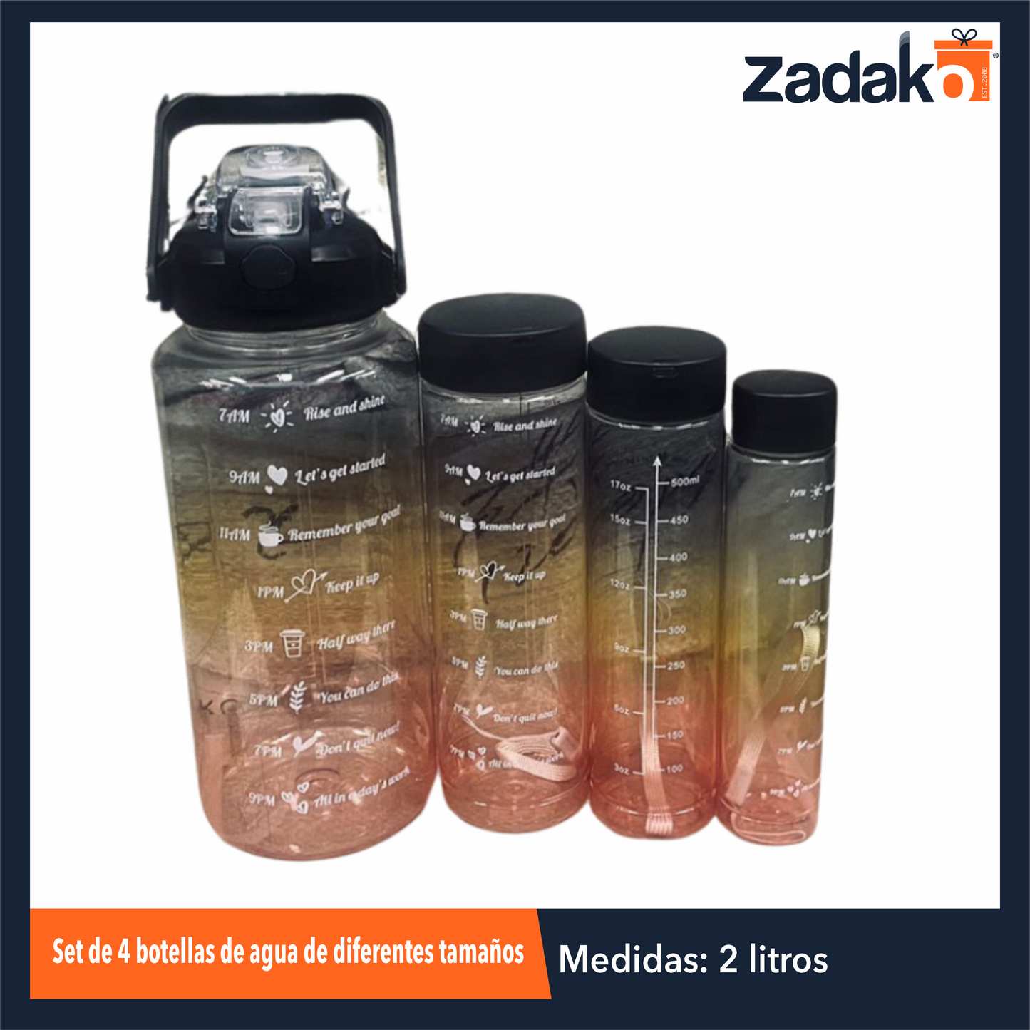 ZC-0573 SET DE 4 BOTELLAS DE AGUA MOTIVACIONAL DE DIFERENTES TAMAÑOS CON 1 PZ O CAJA CON 50 PZS