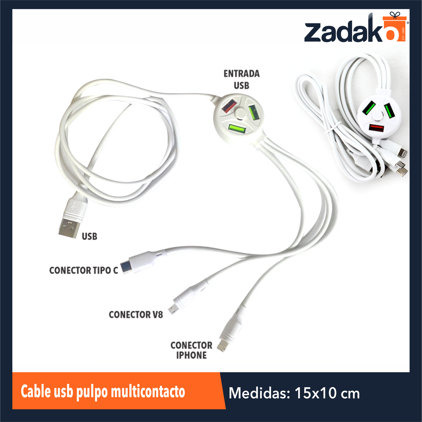 ZE-0030 CABLE USB PULPO MULTICONTACTO, CON 1 PZ O CAJA CON 500 PZS