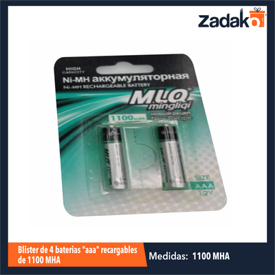 ZE-2225 BLISTER DE 4 BATERIAS "AAA" RECARGABLES DE 1100 MHA CON 1 PZ O CAJA CON 288 PZS