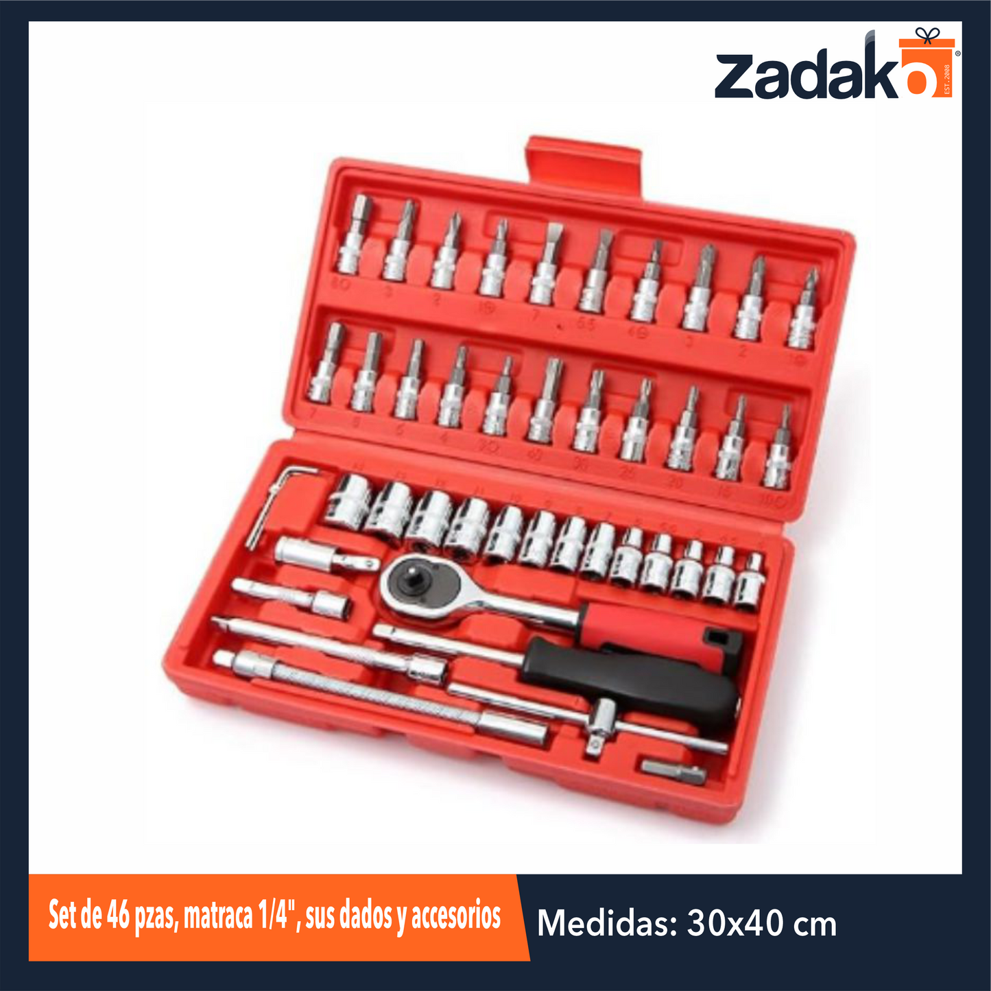 ZF-0180 SET DE 46 PZAS, MATRACA 1/4", SUS DADOS Y ACCESORIOS CON 1 PZ O CAJA CON 24 PZS