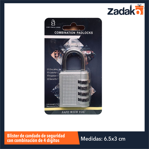 ZF-0352 BLISTER DE CANDADO DE SEGURIDAD CON COMBINACIÓN DE 4 DIGITOS CON 1 PZ O CAJA CON 240 PZS
