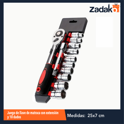 ZF-2188 JUEGO DE LLAVE DE MATRACA CON EXTENSIÓN DE 1/4" Y 10 DADOS CON 1 PZ O CAJA CON 48 PZS