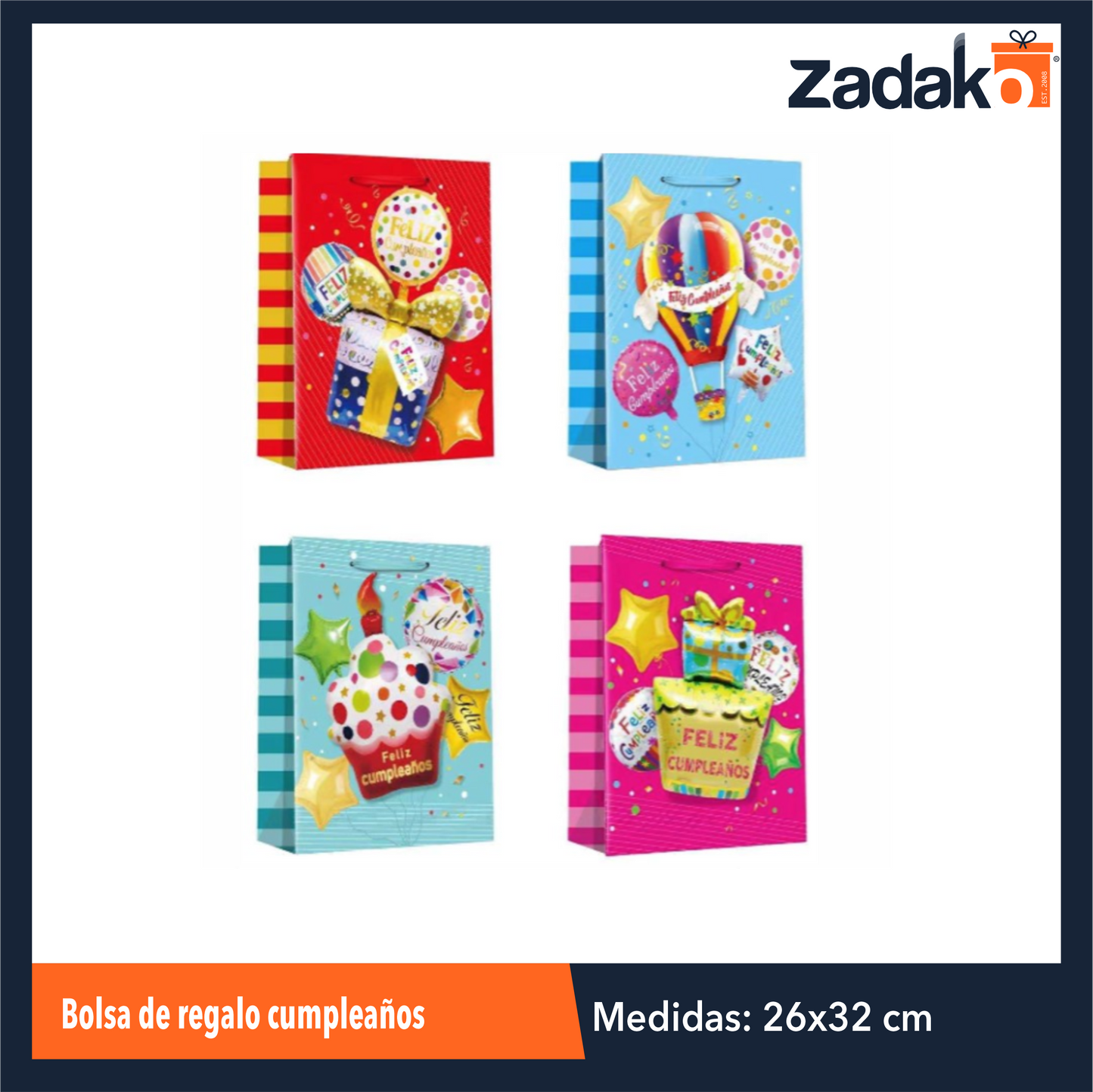 ZFI-0123 BOLSA DE REGALO CUMPLEAÑOS 26 X32X10.5 CM CON 12 PZ O CAJA CON 40 PQTS