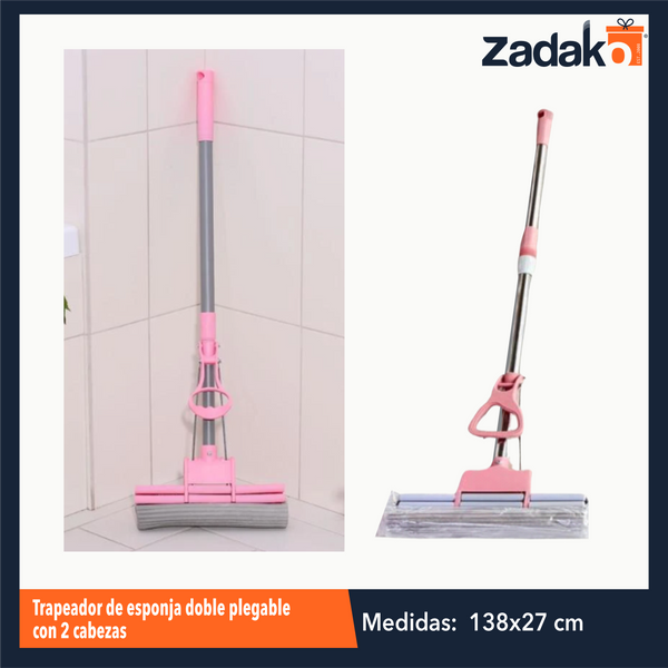 ZH-2197 TRAPEADOR DE ESPONJA DOBLE PLEGABLE CON 2 CABEZAS EN TOTAL, PARA PISO, SUPER ABSORBENTE, LAVADO Y SECADO SIN MANOS, PARA USO HUMEDO Y SECO DE 27x116 CM CON 1 PZ O CAJA CON 36 PZS.