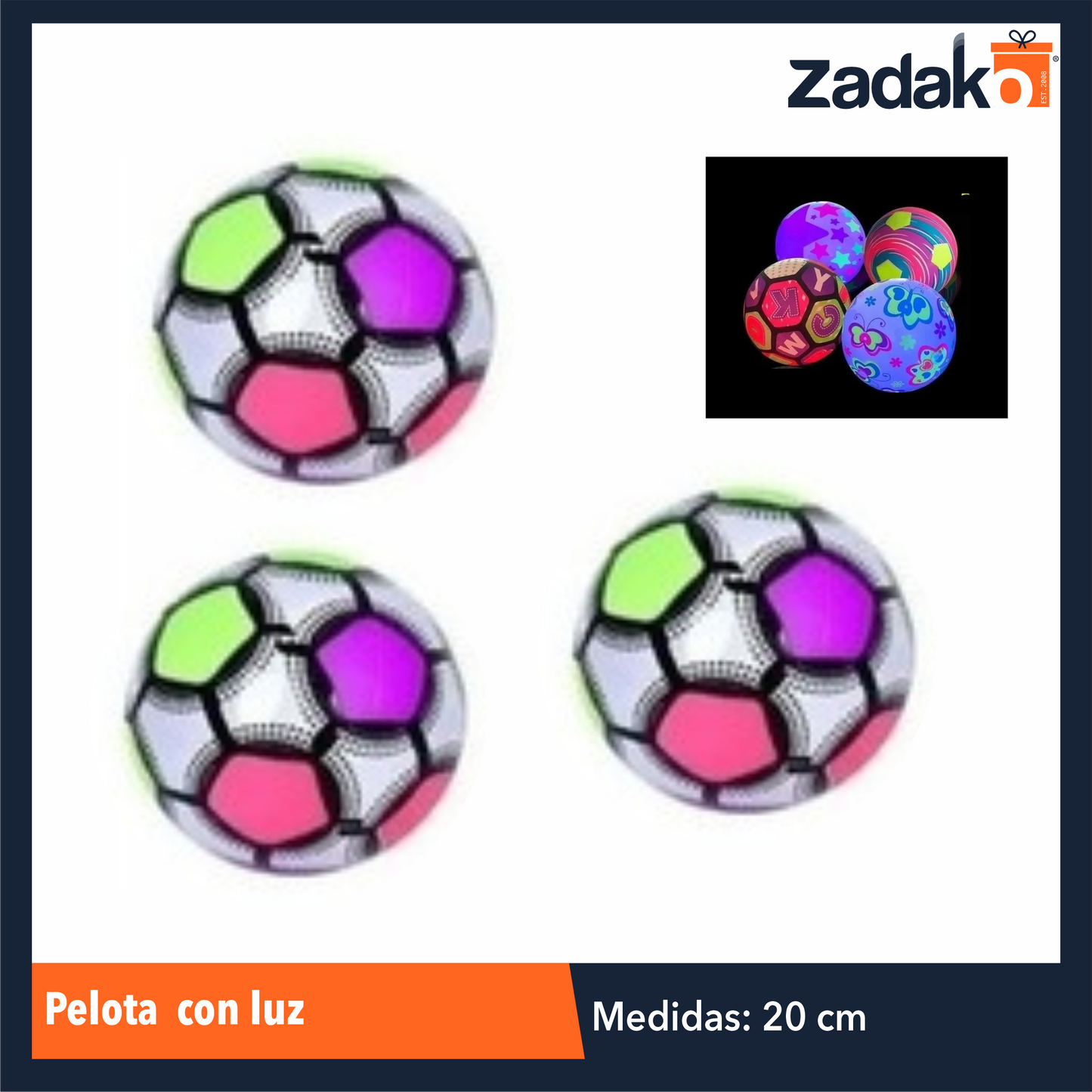 ZJ-1130 PELOTA 20 CM C/LUZ, CON 10 PZS, O CAJA CON 50 PQTS