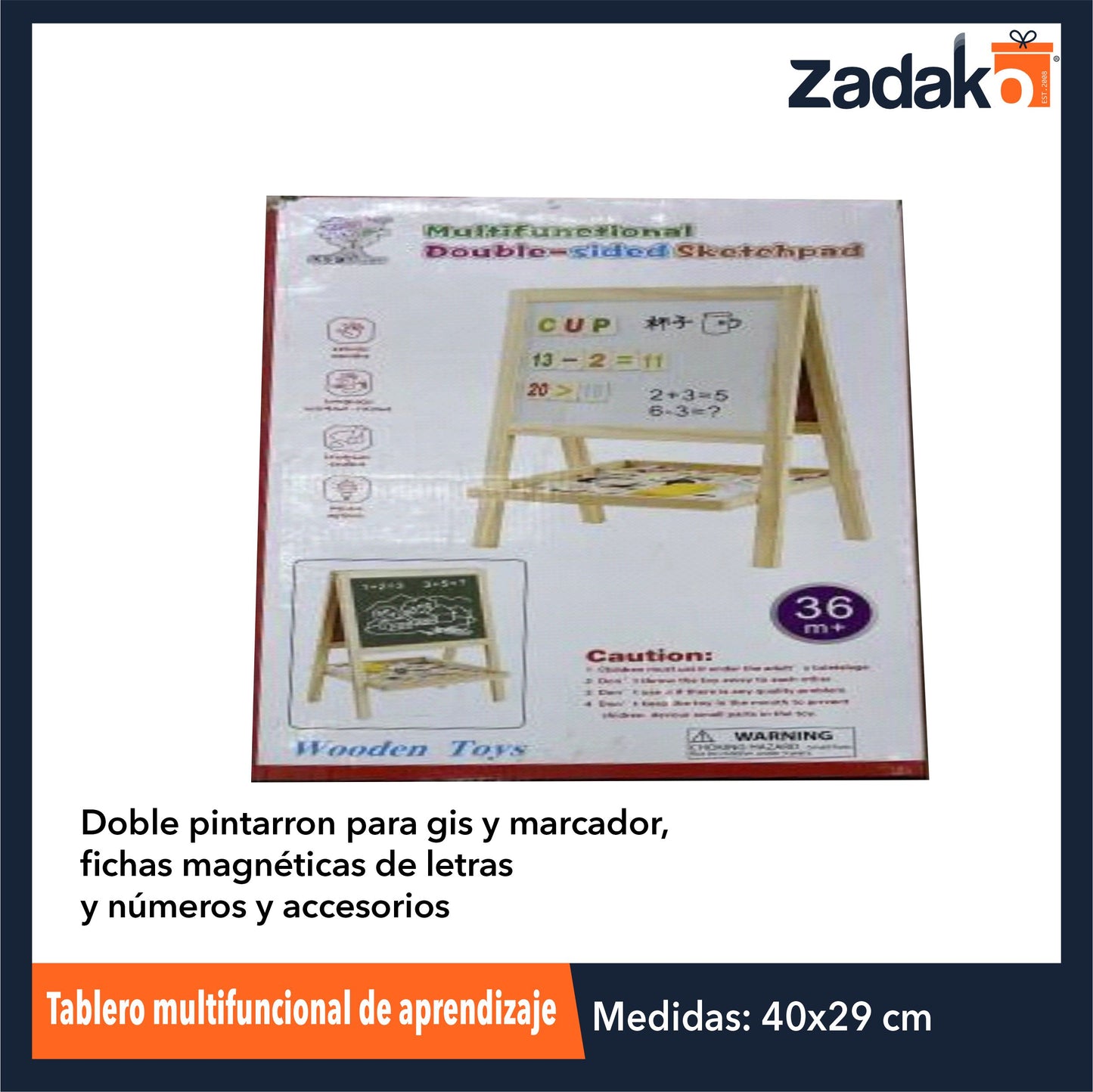 ZJ-1352 TABLERO FUNCIONAL DE APRENDIZAJE DOBLE PINTARRON PARA GIS Y MARCADOR, FICHAS MAGNETICAS DE LETRAS Y NUMEROS Y ACCESORIOS DE 40 X 29 X 2.5 CM CON 1 PZ O CAJA CON 24 PZS