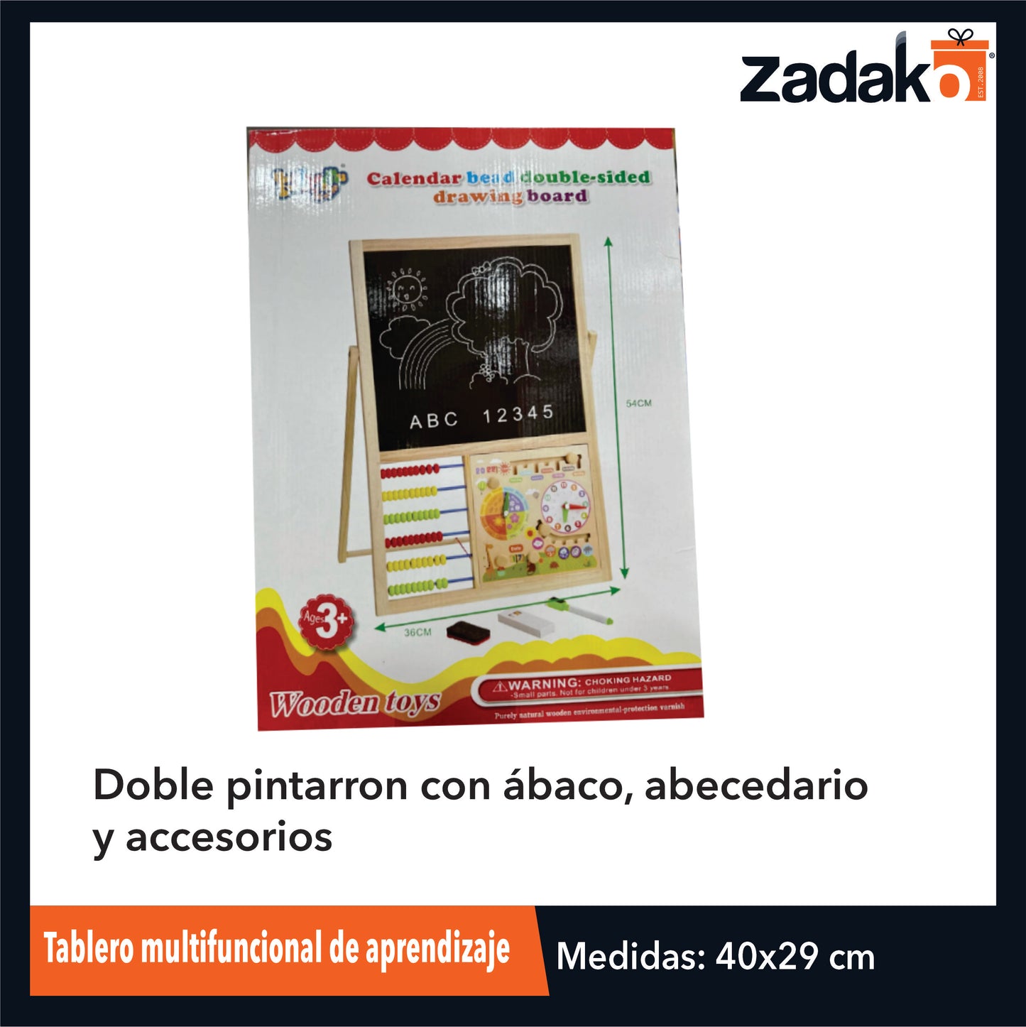 ZJ-1354 TABLERO MULTIFUNCIONAL DE APRENDIZAJE DOBLE PINTARRON CON ABACO, ABECEDARIO Y ACCESORIOS DE 53.5 X 36 X 1.3 CM CON 1 PZ O CAJA CON 24 PZS