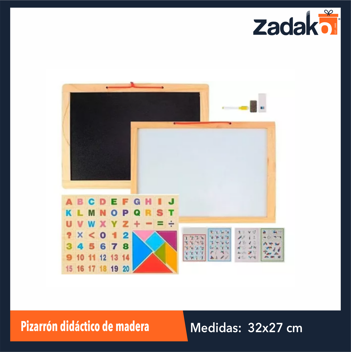 ZJ-1356 TABLERO DE MADERA DOBLE PIZARRON CON FICHAS DE NUMEROS, LETRAS Y FORMAS GEOMETRICAS DE 27 X 12 X 2.7 CM CON 1 PZ O CAJA CON 50 PZS