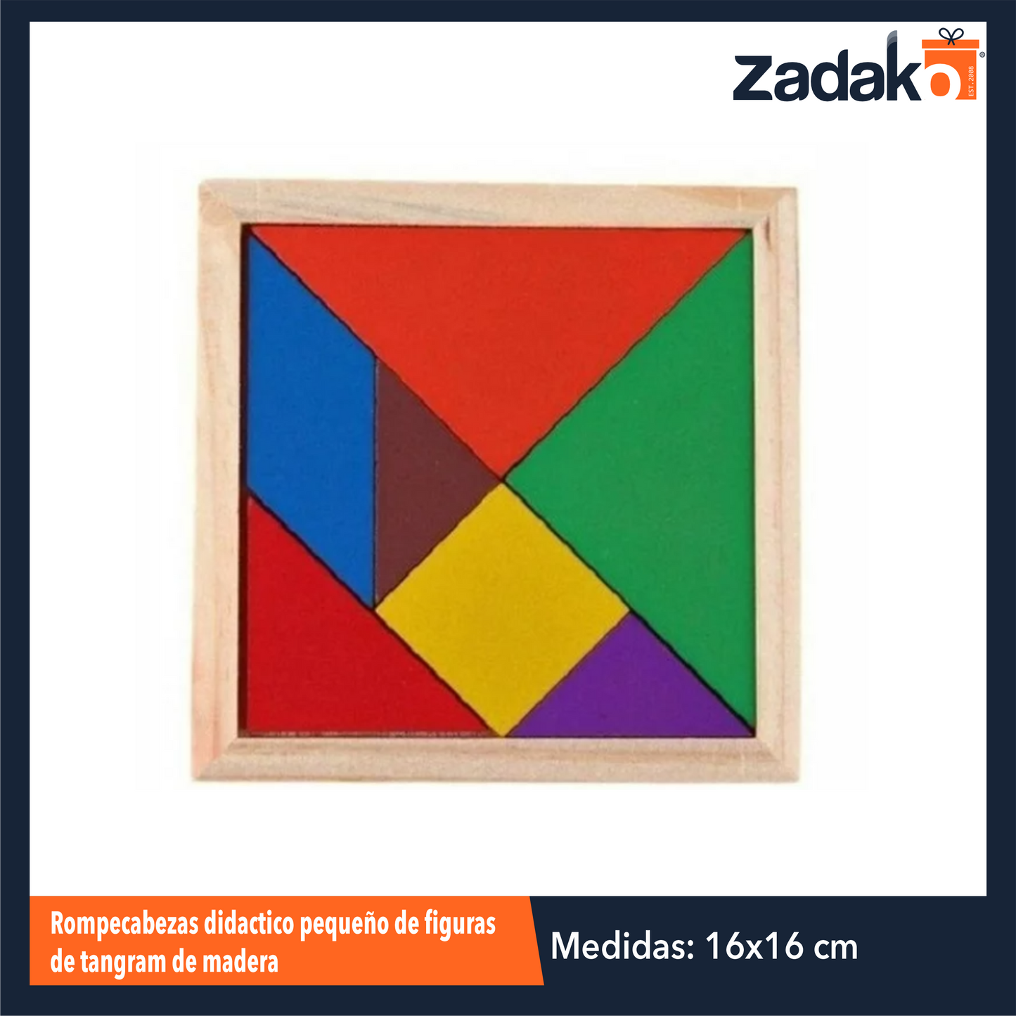 ZJ-1388 ROMPECABEZAS DIDACTICO PEQUEÑO DE FIGURAS DE TANGRAM DE MADERA DE 16 X 16 CM CON 1 PZ O CAJA CON 300 PZS