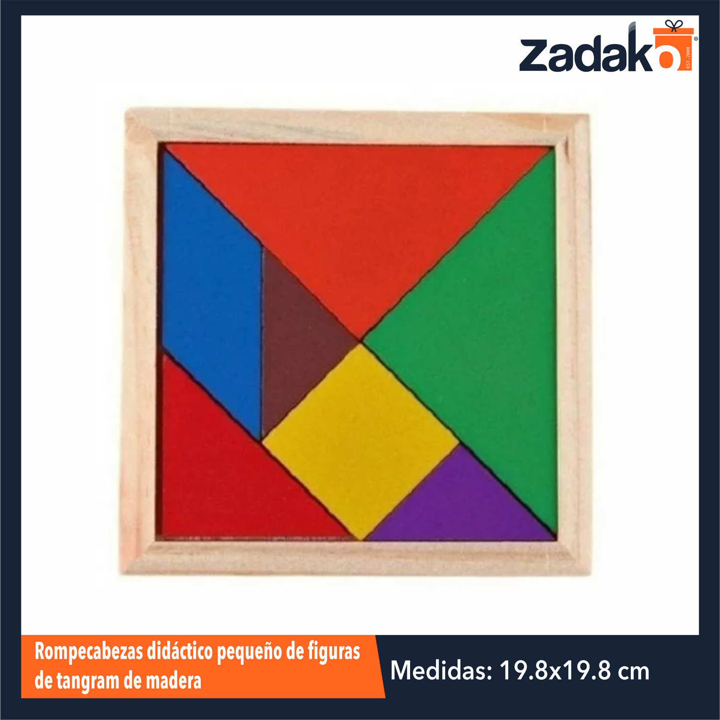 ZJ-1389 ROMPECABEZAS DIDACTICO PEQUEÑO DE FIGURAS DE TANGRAM DE MADERA DE 19.8 X 19.8 CM CON 1 PZ O CAJA CON 240 PZS