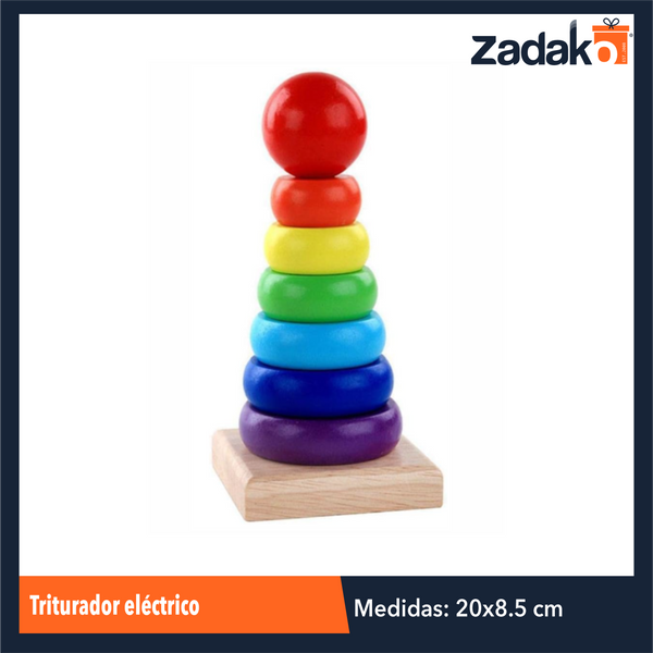 ZJ-1402 JUEGO DIDACTICO DE PIRAMIDE DE ARCOIRIS DE MADERA CON AROS CIRCULARES DE 8.5x8.5x20.5 CM CON 1 PZ O CAJA CON 50 PZS