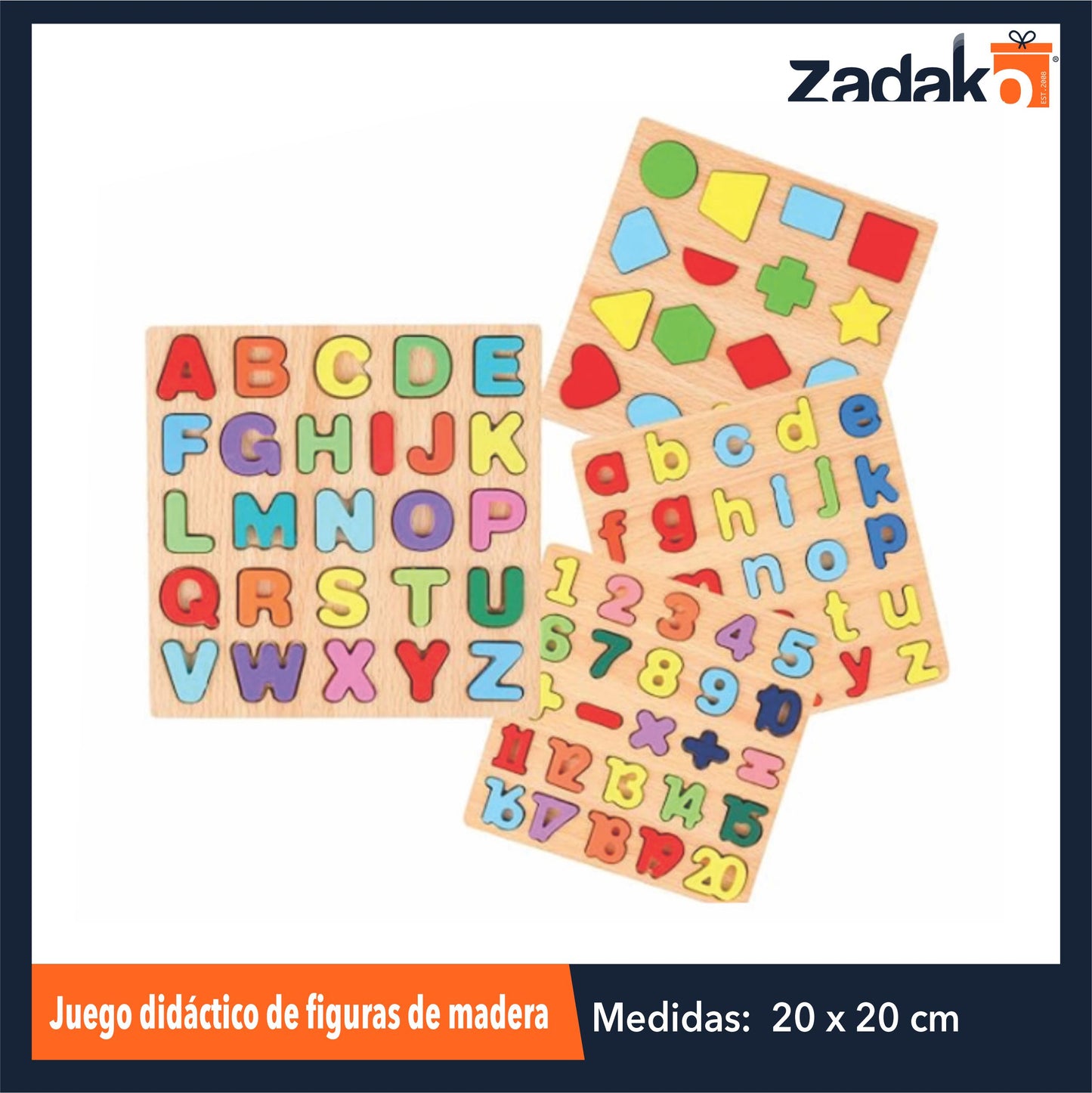 ZJ-1413 /ZJ-0970 TABLA DE MADERA CON FIGURAS TRIDIMENSIONALES, NUMEROS, FORMAS GOMETRICAS O ABECEDARIO DE 20 X 20 X 0.5 CM CON 1 PZ O CAJA CON 180 PZS