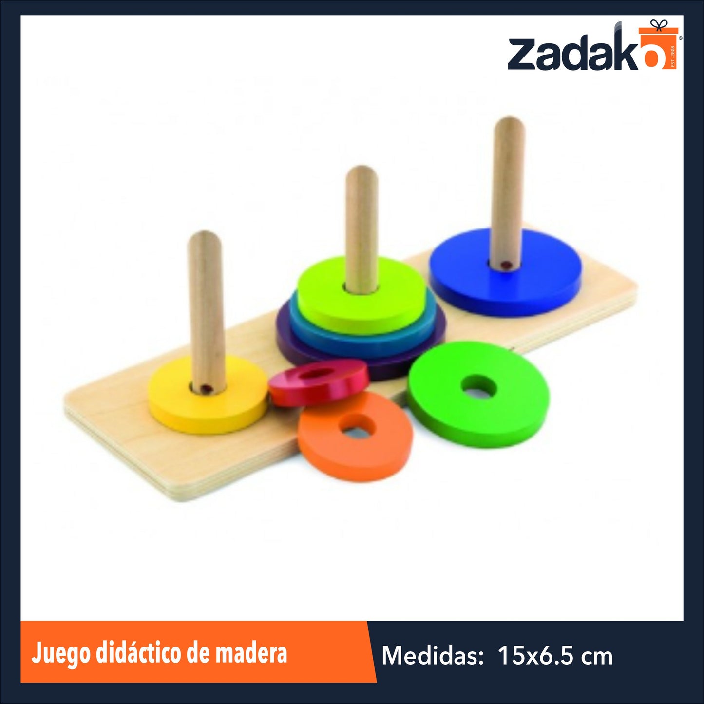 ZJ-1415 JUEGO DIDÁCTICO DE MADERA DE 3 TORRES CON FICHAS CIRCULARES DE 15 X 6.5 X 0.7 CM CON 1 PZ O CAJA CON 120 PZS