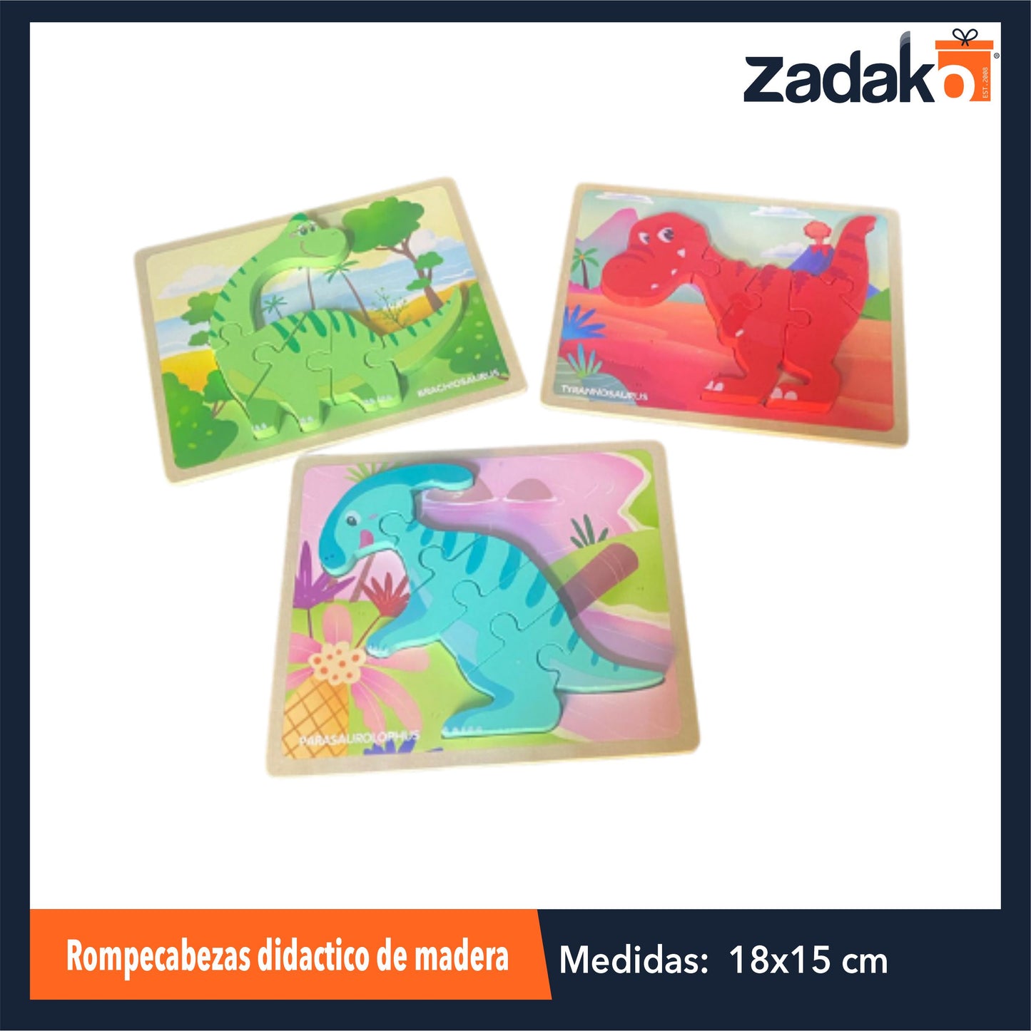 ZJ-1421 ROMPECABEZAS DIDACTICO DE DINOSAURIOS DE MADERA CON 1 PZ O CAJA CON 180 PZS