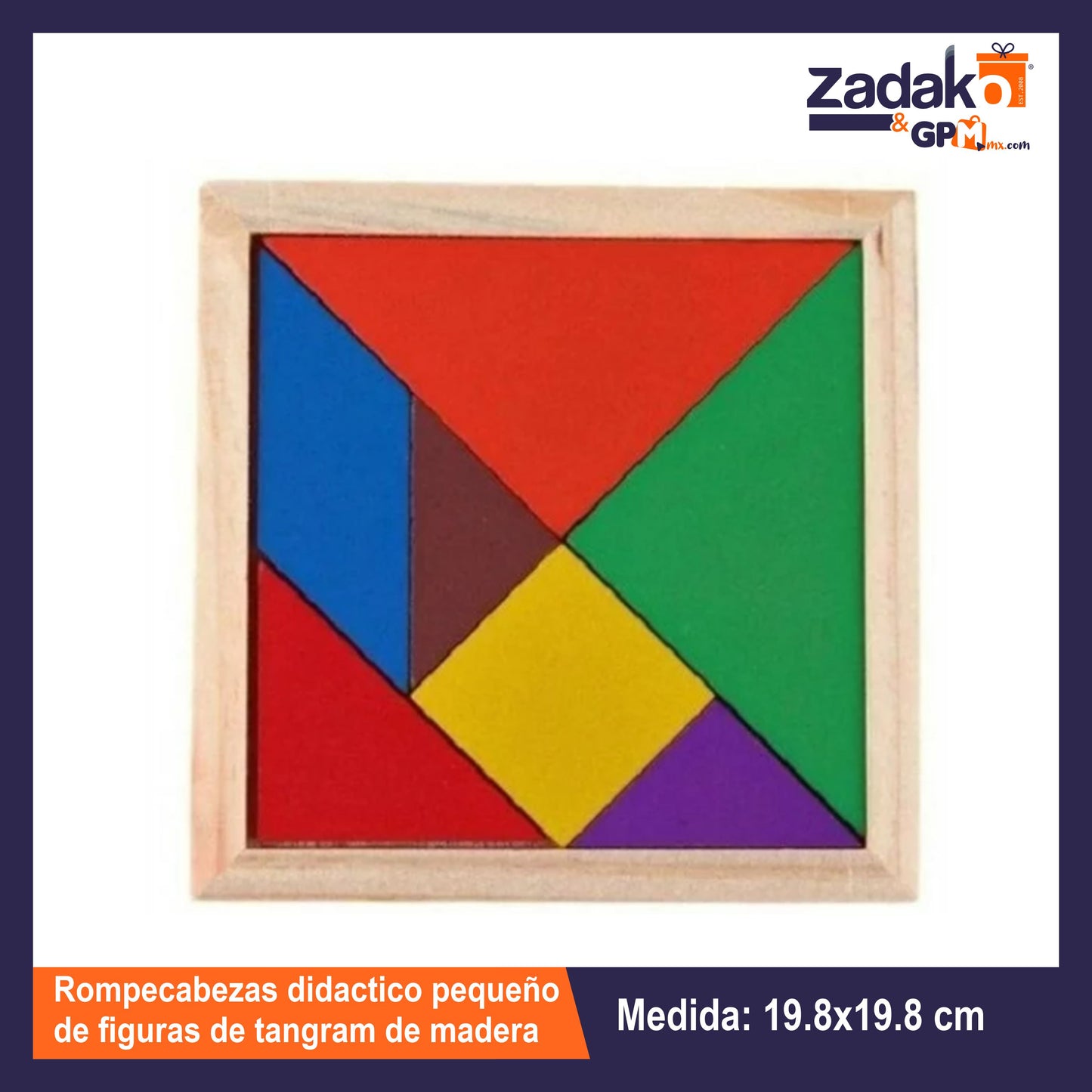 ZJ-1389 ROMPECABEZAS DIDACTICO PEQUEÑO DE FIGURAS DE TANGRAM DE MADERA DE 19.8 X 19.8 CM CON 1 PZ O CAJA CON 300 PZS