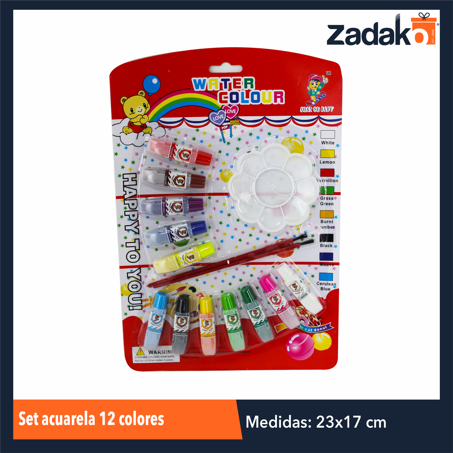 ZK-8035 SET ACUARELA 12 COLORES CON 1 PZ O CAJA CON 144 PZS