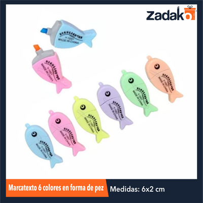 ZK-8066 MARCATEXTO 6 COLORES EN FORMA DE PEZ, CON 1 PZ O CAJA CON 200 PQTS