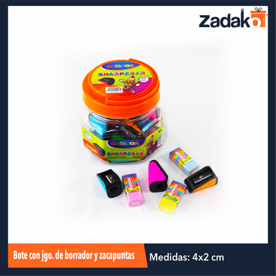 ZP-0936 BOTE CON JGO. DE BORRADOR Y SACAPUNTAS CON 18 PZS CON 1 PZ O CAJA CON 60 PQTS