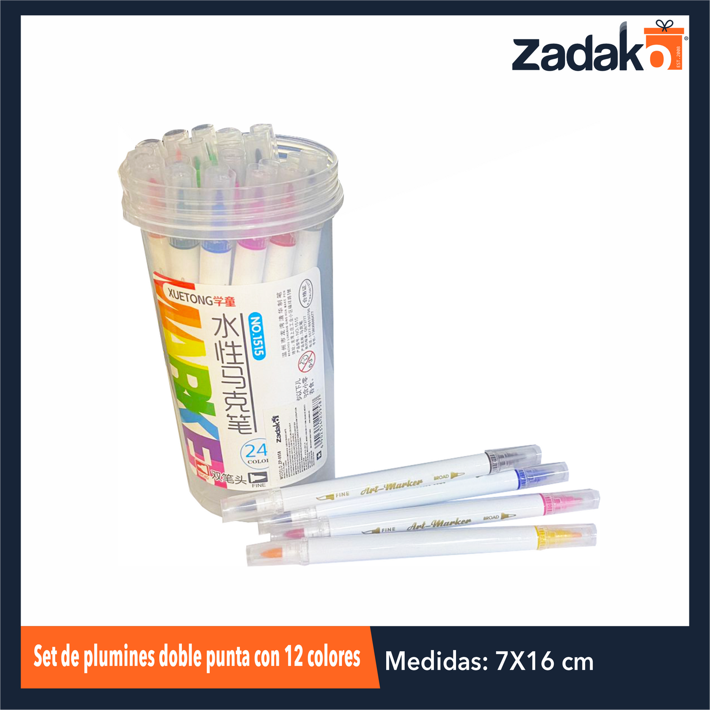 ZP-0956 SET DE PLUMINES DOBLE PUNTA CON 12 COLORES CON UNA PZ O CAJA CON 144 PQTS