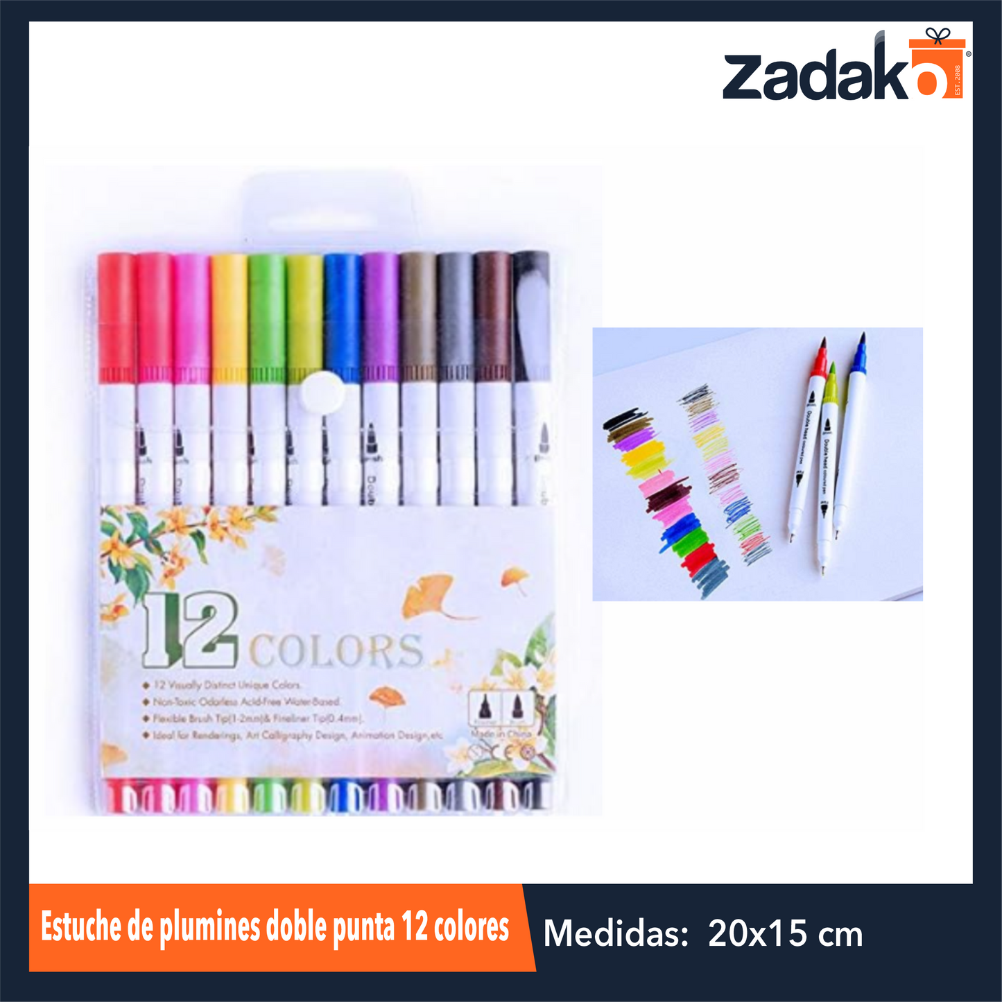 ZP-1033 ESTUCHE DE PLUMINES DOBLE PUNTA 12 COLORES CON 1 PQT O CAJA CON 120 PQTS