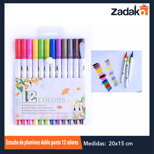 ZP-1033 ESTUCHE DE PLUMINES DOBLE PUNTA 12 COLORES CON 1 PQT O CAJA CON 120 PQTS