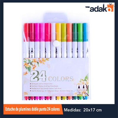 ZP-1034 ESTUCHE DE PLUMINES DOBLE PUNTA 24 COLORES CON 1 PQT O CAJA CON 60 PQTS