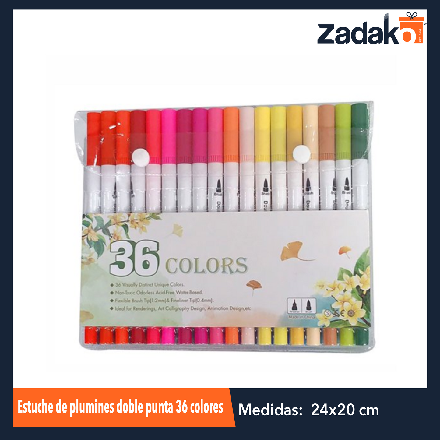 ZP-1035 ESTUCHE DE PLUMINES DOBLE PUNTA 36 COLORES CON 1 PQT O CAJA CON 40 PQTS