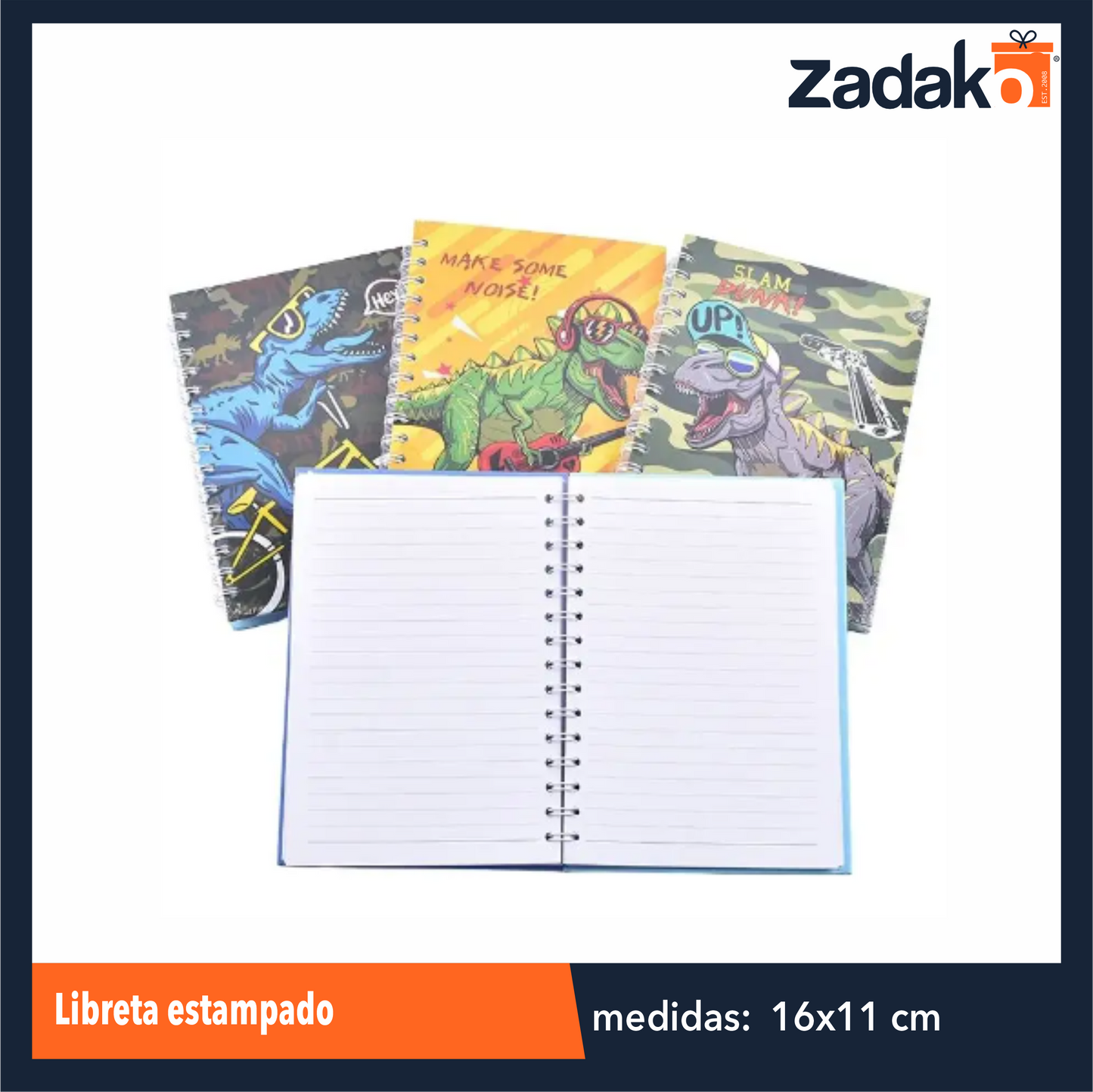 ZP-1102 LIBRETA ESTAMPADO DE DINOSAURIOS  CON 1 PZ O CAJA CON 120 PZS