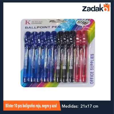 ZP-1144 BLISTER 10 PZS BOLIGRAFOS ROJO, NEGRO Y AZUL, CON 1 PZ O CAJA CON 288 PZS