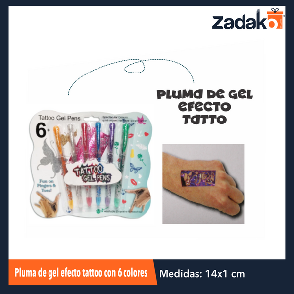ZP-1186 PLUMA DE GEL EFECTO TATTOO CON 6 COLORES CON 1 PQT O CAJA CON 168 PQTS