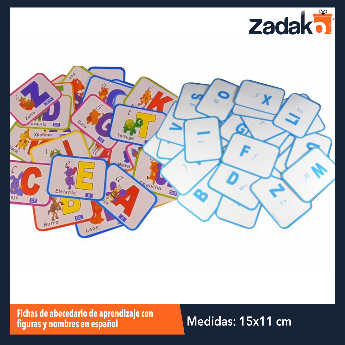 ZP-1196 FICHAS DE ABECEDARIO DE APRENDIZAJE CON FIGURAS Y NOMBRES EN ESPAÑOL DE 15 X 11 CM PAQUETE CON 28 PZS O CAJA CON 200 PQTS