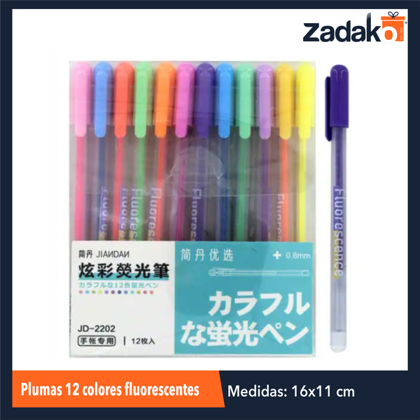 ZP-1235 PLUMAS 12 COLORES FLUORESCENTES, CON 1 PZ O CAJA CON 192 PZS