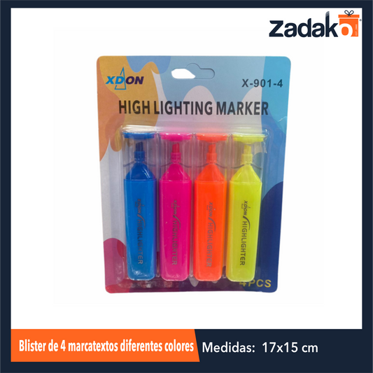 ZP-1564 BLISTER DE 4 MARCATEXTOS DIFERENTES COLORES CON 1 PZ O CAJA CON 240 PZS