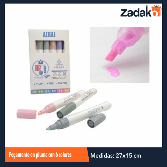 ZP-1565 PEGAMENTO EN PLUMA CON  6 COLORES CON 1 PZ O CAJA CON 192 PZS