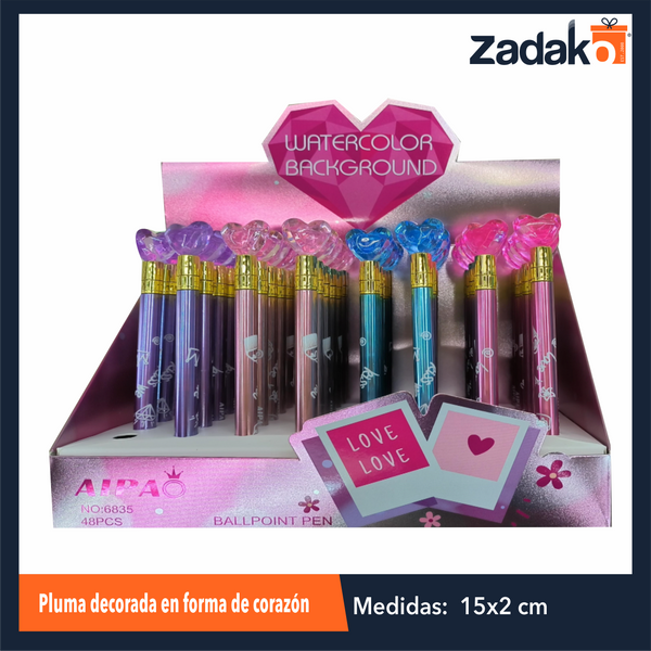 ZP-1566 PLUMA DECORADA EN FORMA DE CORAZON CON 48 PZS O CAJA CON 36 PQTS
