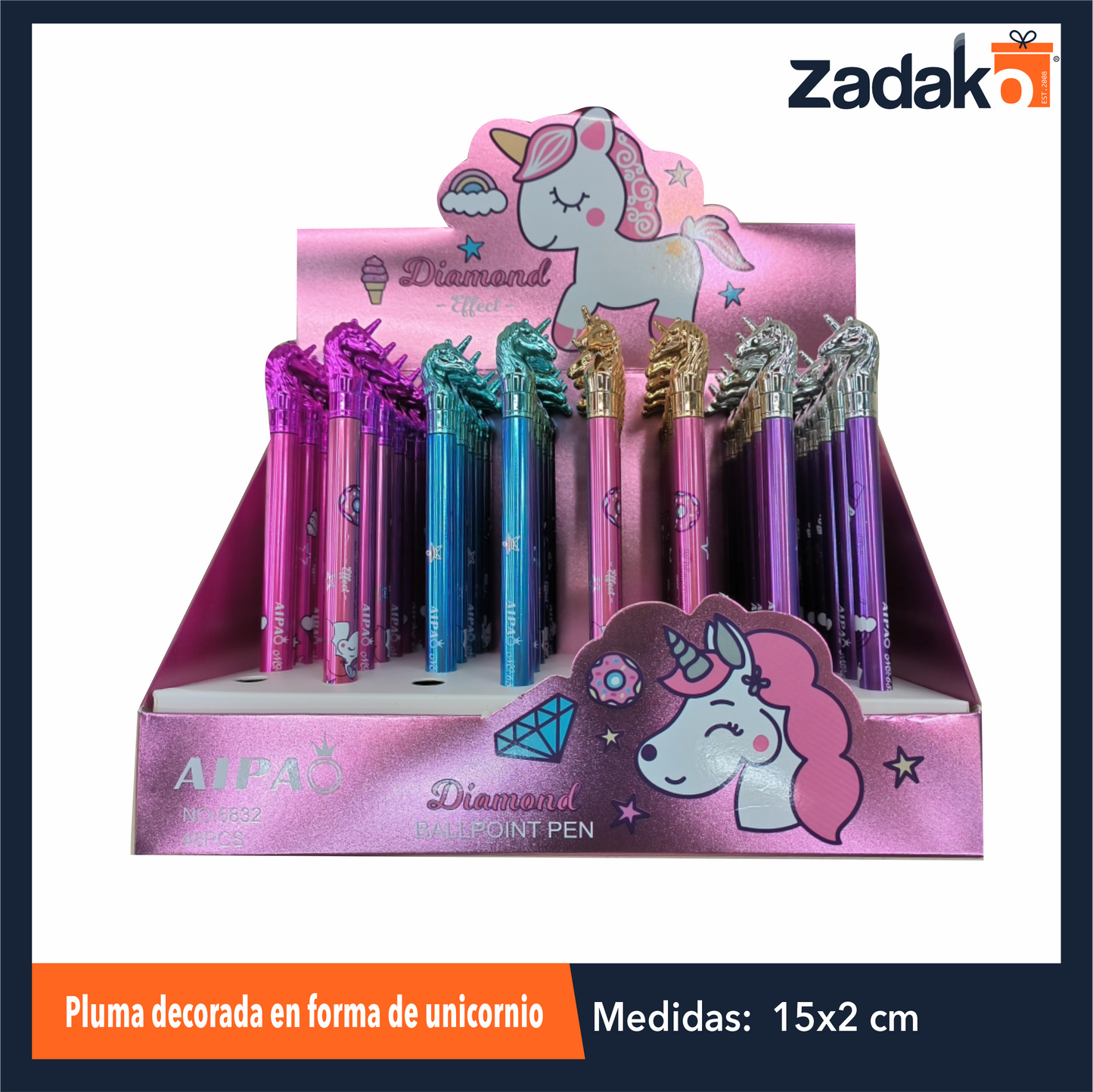 ZP-1567 PLUMA DECORADA EN FORMA DE  DE UNICORNIO CON 48 PZS O CAJA CON 36 PQTS
