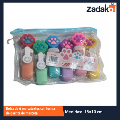 ZP-1569 BOLSA DE 6 MARCATEXTOS CON FORMA DE GARRITA DE MASCOTA CON 1 PZ O CAJA CON 288 PZS