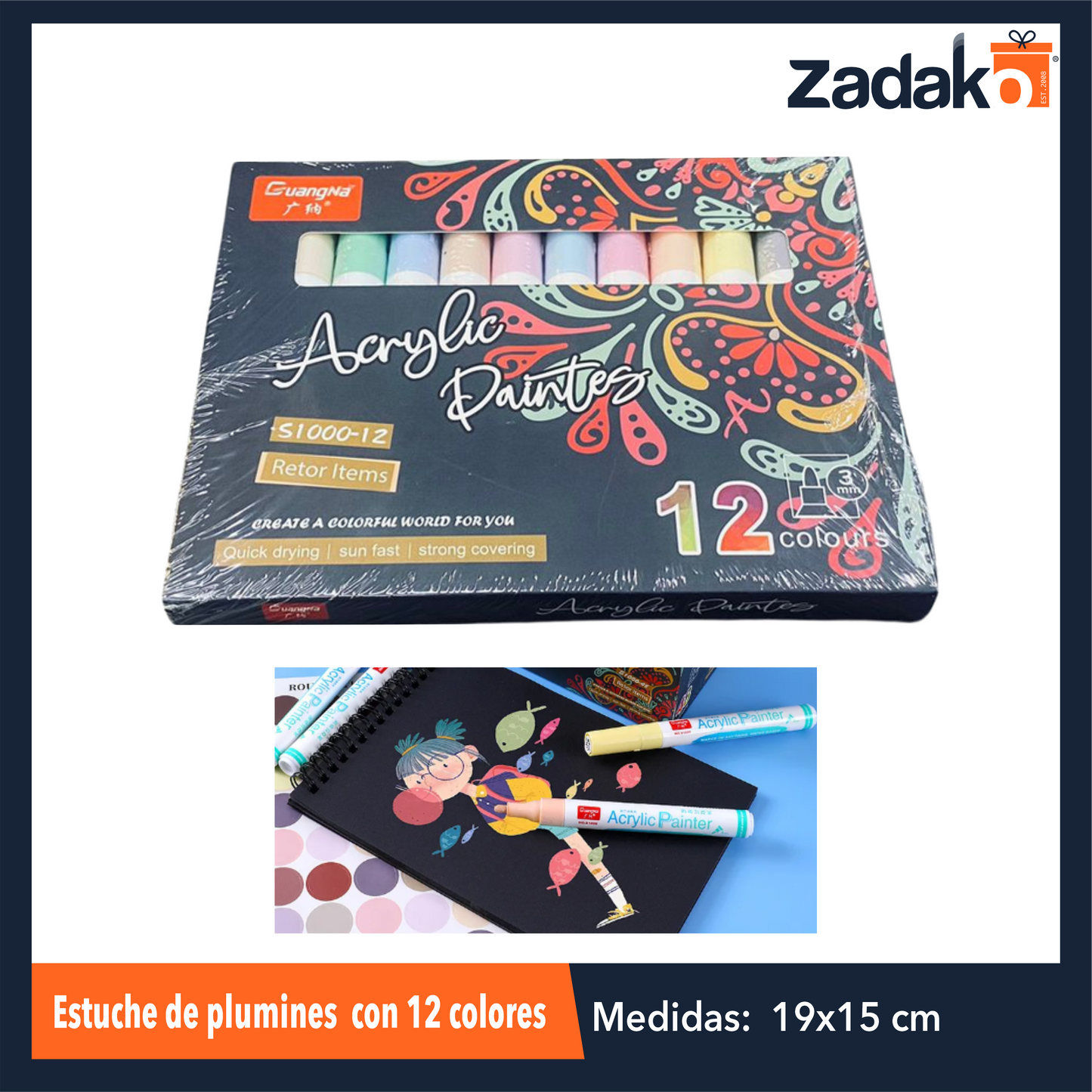 ZP-1604 ESTUCHE DE PLUMINES CON 12 COLORES O CAJA CON 120 PQTS