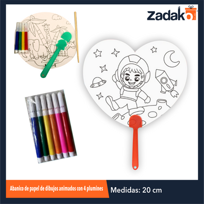 ZP-1611 ABANICO DE PAPEL DE DIBUJOS ANIMADOS CON  4 PLUMINES CON 1 PZ O CAJA CON 960 PZS