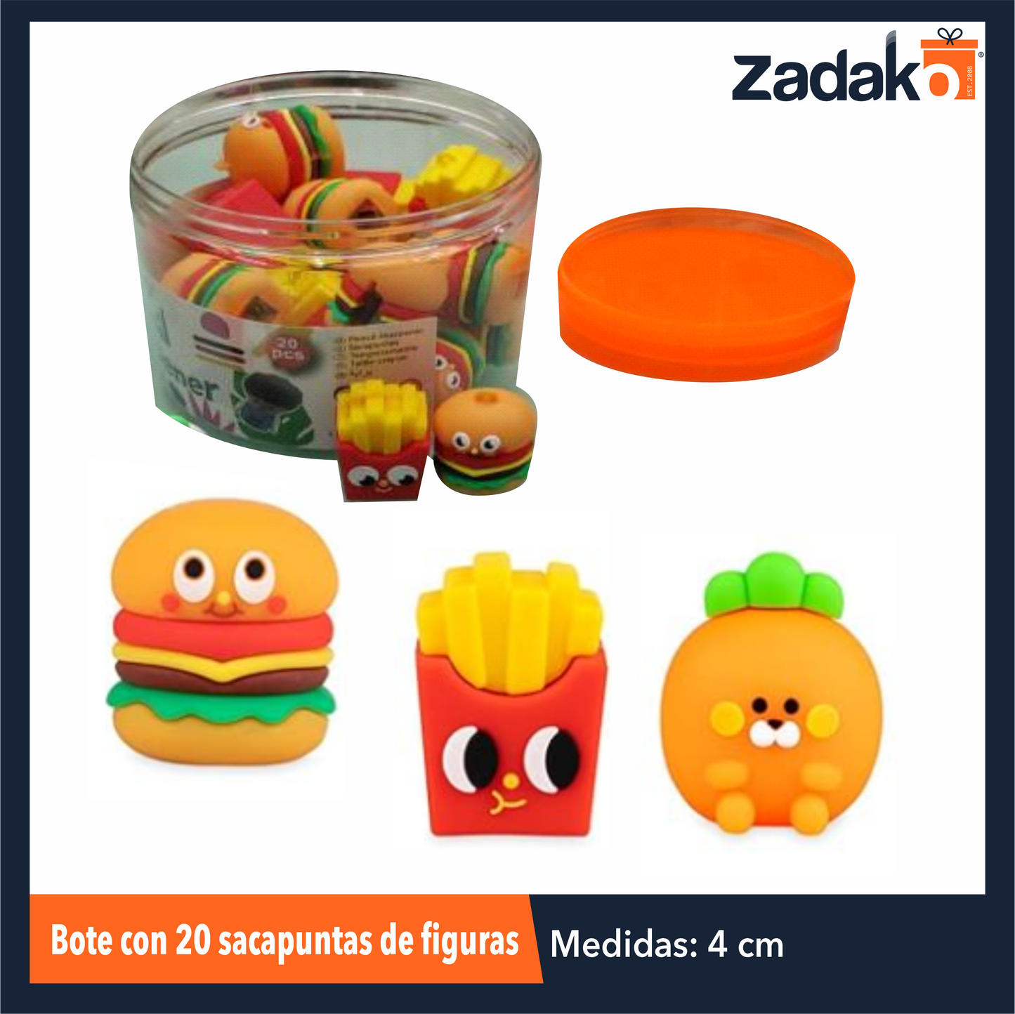 ZP-1669 BOTE CON 20 SACAPUNTAS DE FIGURAS CON 1 PQT O CAJA CON 48 PQTS