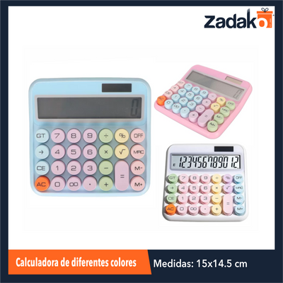 ZP-1682 CALCULADORA DE 14.5 X 15 CM DE DIFERENTES COLORES CON 1 PZ O CAJA CON 80 PZS