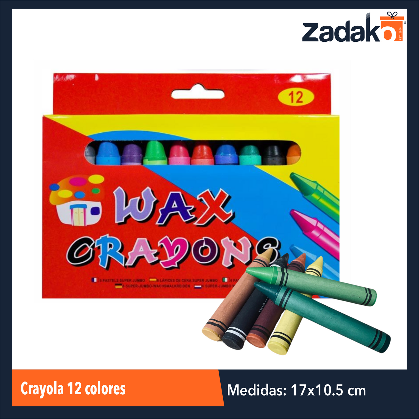 ZP-1717 CRAYOLA 12 COLORES 17 X 10.5 CM CON 1 PZ O CAJA CON 144 PZS