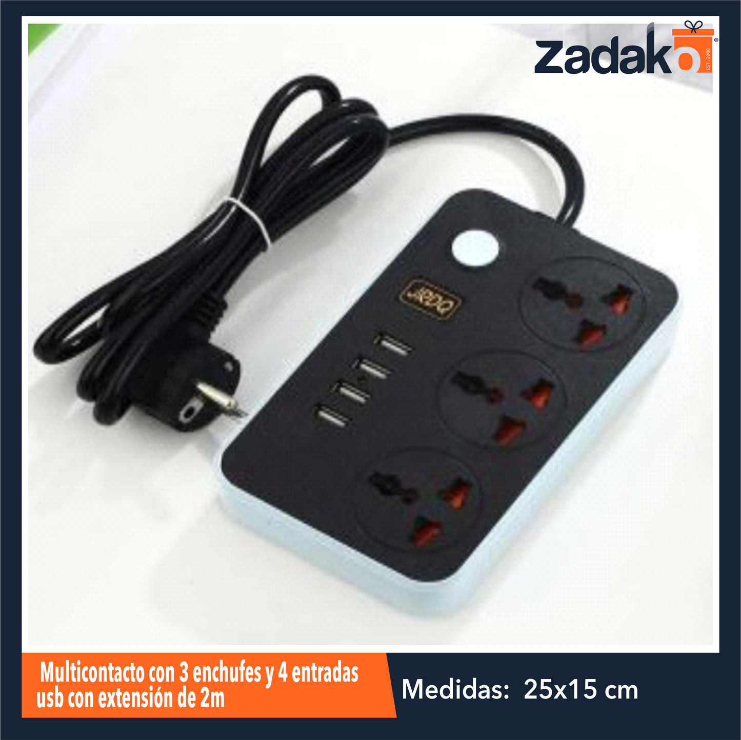 ZF-0301 MULTICONTACTO CON 3 ENCHUFES Y 4 ENTRADAS USB CON EXTENSIÓN DE 2M CON 1 PZ O CAJA CON 80 PZS